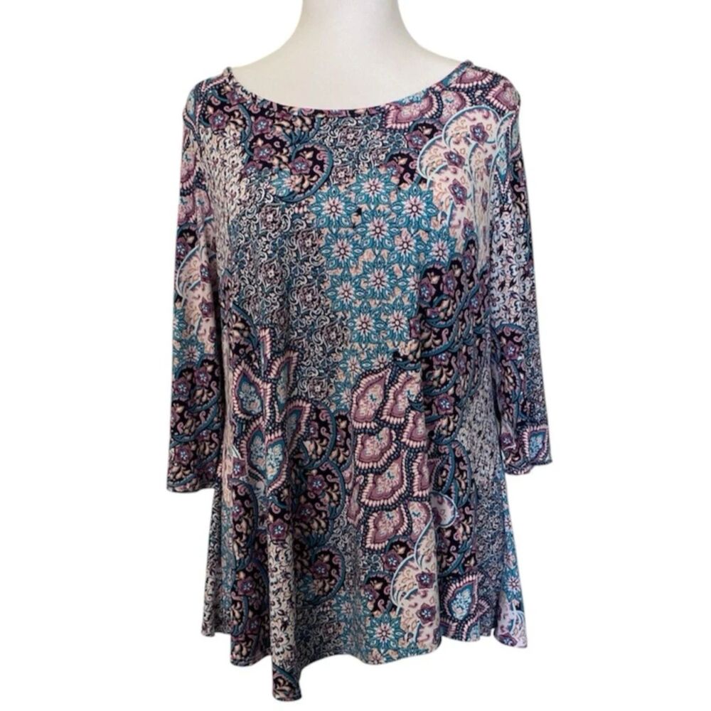 STAR VIXEN Women’s Plus 3/4 Sleeve Asymmetric Hem Stylist Paisley Floral Size 2X